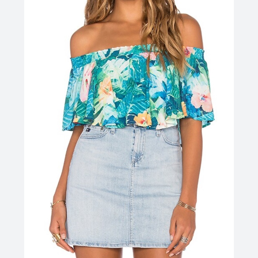 Show Me Your MuMu Teal Floral Off-Shoulder‎ Ruffle Top